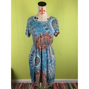 Women Dress Sz L Large Short Sleeve Pleated Pockets Stretch Elastic Waist Casual